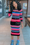 multicolor Sexy Cap Sleeve Long Sleeves O neck Step Skirt Mid-Calf Striped Print Long Sleeve Dresses