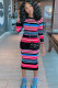 multicolor Sexy Cap Sleeve Long Sleeves O neck Step Skirt Mid-Calf Striped Print Long Sleeve Dresses