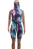 purple Fashion Sexy Print Two Piece Suits Straight Sleeveless Two Pieces