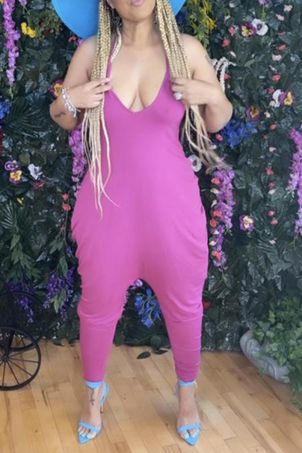 Purple Sexy Solid Patchwork Halter Harlan Jumpsuits