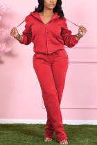 Red Fashion Casual Adult Solid Draw String Hooded Collar Long Sleeve Regular Sleeve Regular Two Pieces