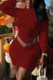 Red Sexy Solid Patchwork Half A Turtleneck Long Sleeve Two Pieces