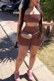 Brown Casual Print Solid backless Straight Sleeveless Two Pieces