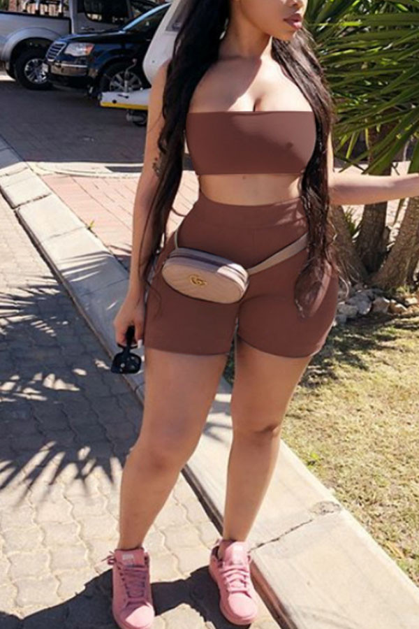Brown Casual Print Solid backless Straight Sleeveless Two Pieces