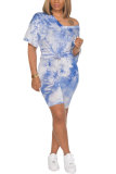 Dark Blue Fashion Sexy adult Patchwork Print Tie Dye Two Piece Suits Straight Short Sleeve Two Pieces