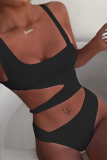 Rose Red Sexy Print Hollowed Out Patchwork Swimwears