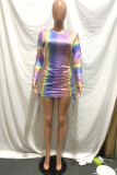 Colour Casual Print Draw String O Neck Wrapped Skirt Dresses