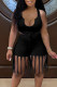 Black Sexy Solid Tassel Patchwork Asymmetrical Collar Sleeveless Two Pieces