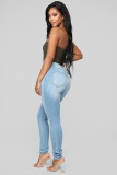 Blue Denim Button Fly Sleeveless Mid Patchwork Solid pencil Pants Pants
