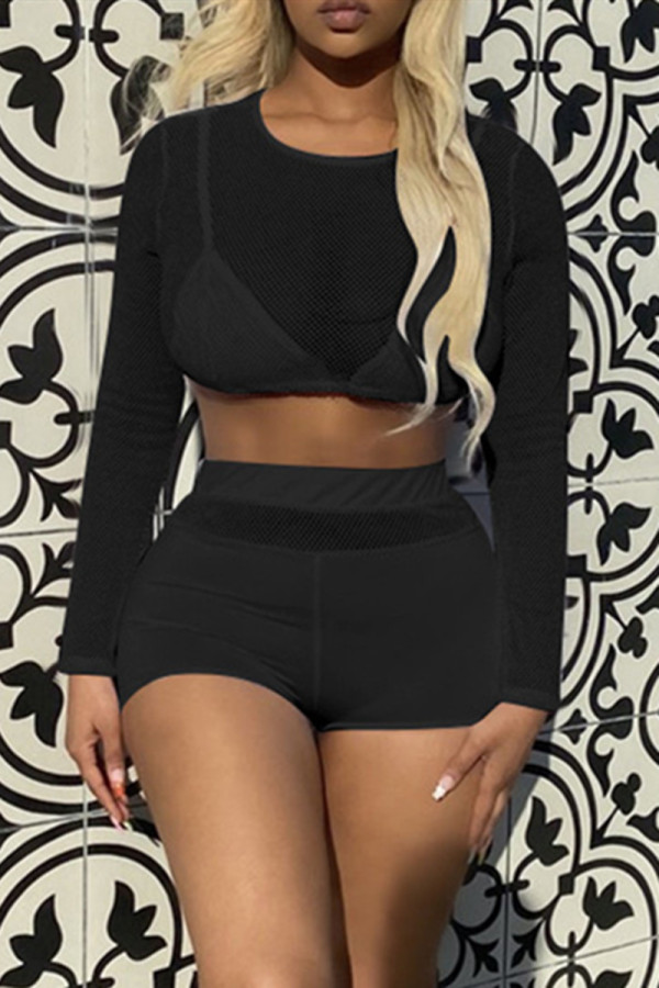 Black Sexy Casual Solid Hollowed Out See-through O Neck Long Sleeve Two Pieces