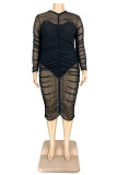 Black Solid Fold O Neck Long Sleeve Dress Plus Size 