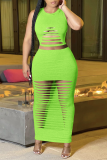 Burgundy Sexy Solid Ripped O Neck Sleeveless Two Pieces