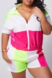Pink Fashion Casual adult Ma'am Turndown Collar Patchwork Two Piece Suits Stitching Plus Size