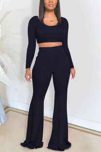 Navy Blue Fashion Casual adult Ma'am Solid Two Piece Suits Loose Long Sleeve Two Pieces