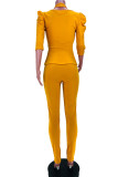 Yellow Fashion Casual Solid Patchwork V Neck Long Sleeve Two Pieces