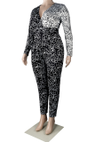 Black Sexy Print Patchwork V Neck Plus Size Jumpsuits