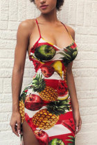Red Fashion Sexy Spaghetti Strap Sleeveless Slip Asymmetrical Knee-Length Print Club Dresses