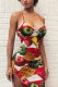 Red Fashion Sexy Spaghetti Strap Sleeveless Slip Asymmetrical Knee-Length Print Club Dresses
