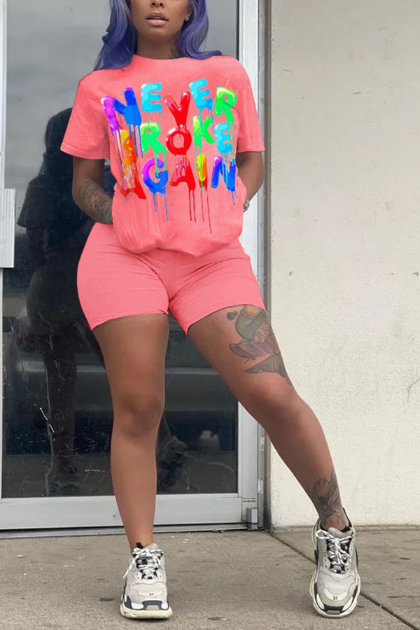 Pink Fashion Casual adult Letter Patchwork Print Two Piece Suits Straight Short Sleeve Two Pieces