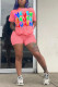 Pink Fashion Casual adult Letter Patchwork Print Two Piece Suits Straight Short Sleeve Two Pieces