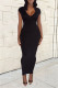 Black Sexy Casual Solid Backless Slit V Neck Short Sleeve Dress