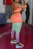 Orange Fashion Sexy Patchwork Backless Halter Sleeveless Two Pieces