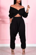 Black Street Solid V Neck Long Sleeve Two Pieces