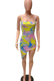 Yellow Sexy Print Patchwork Spaghetti Strap Irregular Dress Dresses