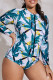 Blue Casual Print Patchwork Zipper Zipper Collar Plus Size Swimwear
