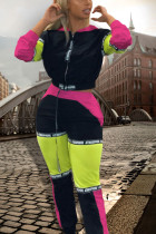 Black Fashion Active adult Ma'am Patchwork contrast color Two Piece Suits pencil Long Sleeve Two Pieces