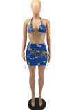 Black Fashion Sexy Print Backless Halter Sleeveless Two Pieces Swimwear