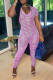Pink Fashion Sexy Solid Hollowed Out See-through V Neck Skinny Jumpsuits