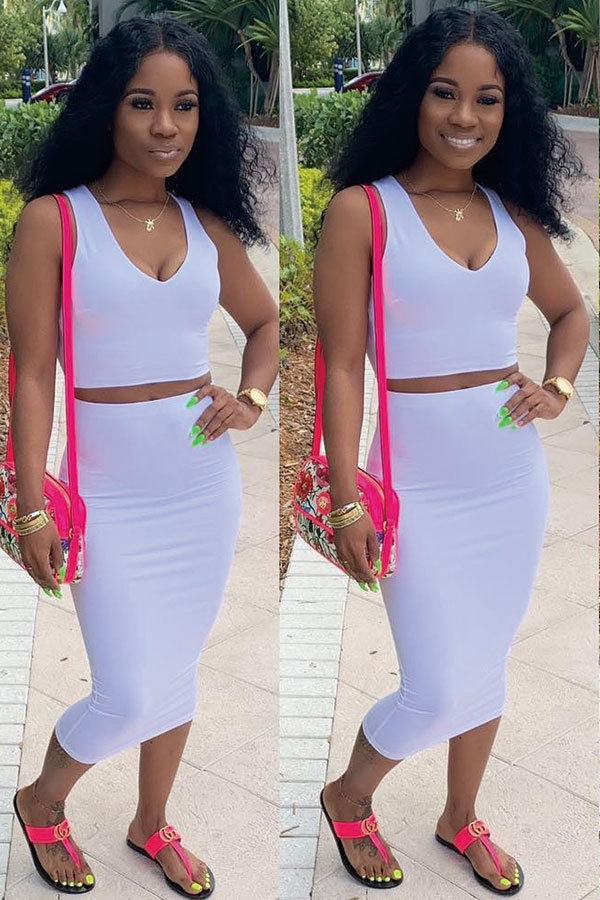 White Fashion Sexy Patchwork Solid A-line skirt Two-Piece Dress