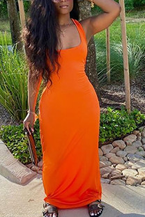 Orange Milk. Fashion Sexy adult Ma'am Tank Sleeveless Square Step Skirt Floor-Length Solid backless Dresses