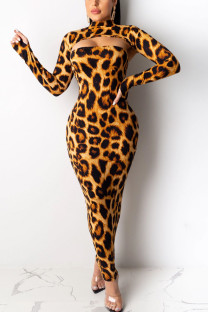Yellow Street Print Leopard O Neck Long Sleeve Two Pieces