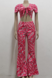 Rose Red Sexy Print Patchwork V Neck Short Sleeve Two Pieces