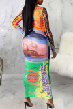 Red Yellow Sexy Print Mesh O Neck Pencil Skirt Dresses