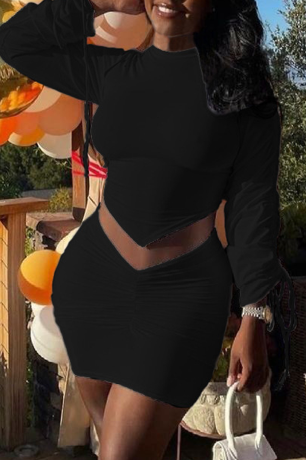 Black Sexy Solid Patchwork Half A Turtleneck Long Sleeve Two Pieces