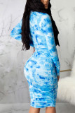 Blue Sexy Print Patchwork Fold O Neck Pencil Skirt Dresses