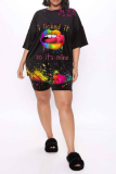 Black Casual Print Patchwork O Neck Plus Size Two Pieces