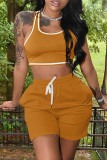 Red Casual Sportswear Solid Vests U Neck Sleeveless Two Pieces