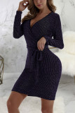 Gold Sexy Solid Patchwork V Neck Irregular Dress Dresses