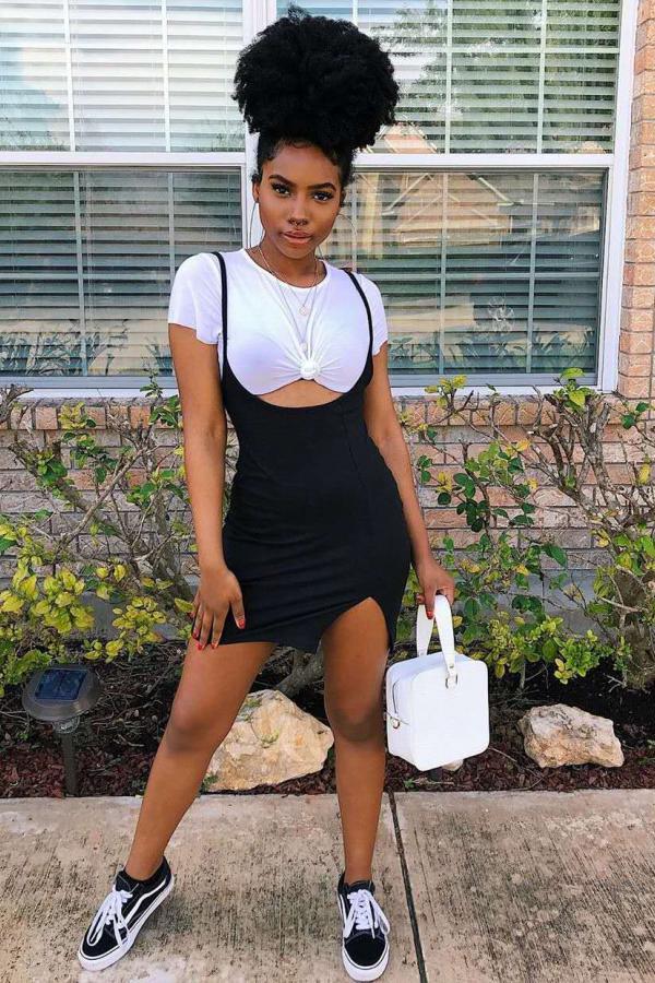 Black Casual Fashion Spaghetti Strap Cap Sleeve Short Sleeves Slip O neck Sheath Mini split asym