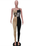 Yellow Red Fashion Sexy Letter Print Patchwork Backless Fold O Neck Skinny Jumpsuits