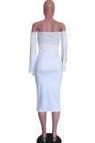 White Sweet Off The Shoulder Long Sleeves One word collar Step Skirt Mid-Calf Solid Dresses