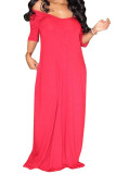 Black Fashion Casual Red Black Khaki Yellow Sky Blue Lake Blue Cap Sleeve Short Sleeves V Neck Swagger Floor-Length Solid Dresses
