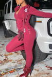 Wine Red Sportswear Solid Hooded Collar Long Sleeve Two Pieces
