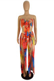Blue Orange Fashion Sexy Print Tie Dye Backless Slit Strapless Sleeveless Two Pieces