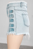 Light Blue Denim Zipper Fly Mid washing Old Zippered Straight shorts Bottoms