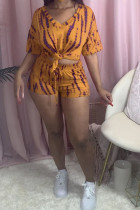 Dark Yellow Fashion Casual adult Ma'am Print Two Piece Suits pencil Short Sleeve Two Pieces